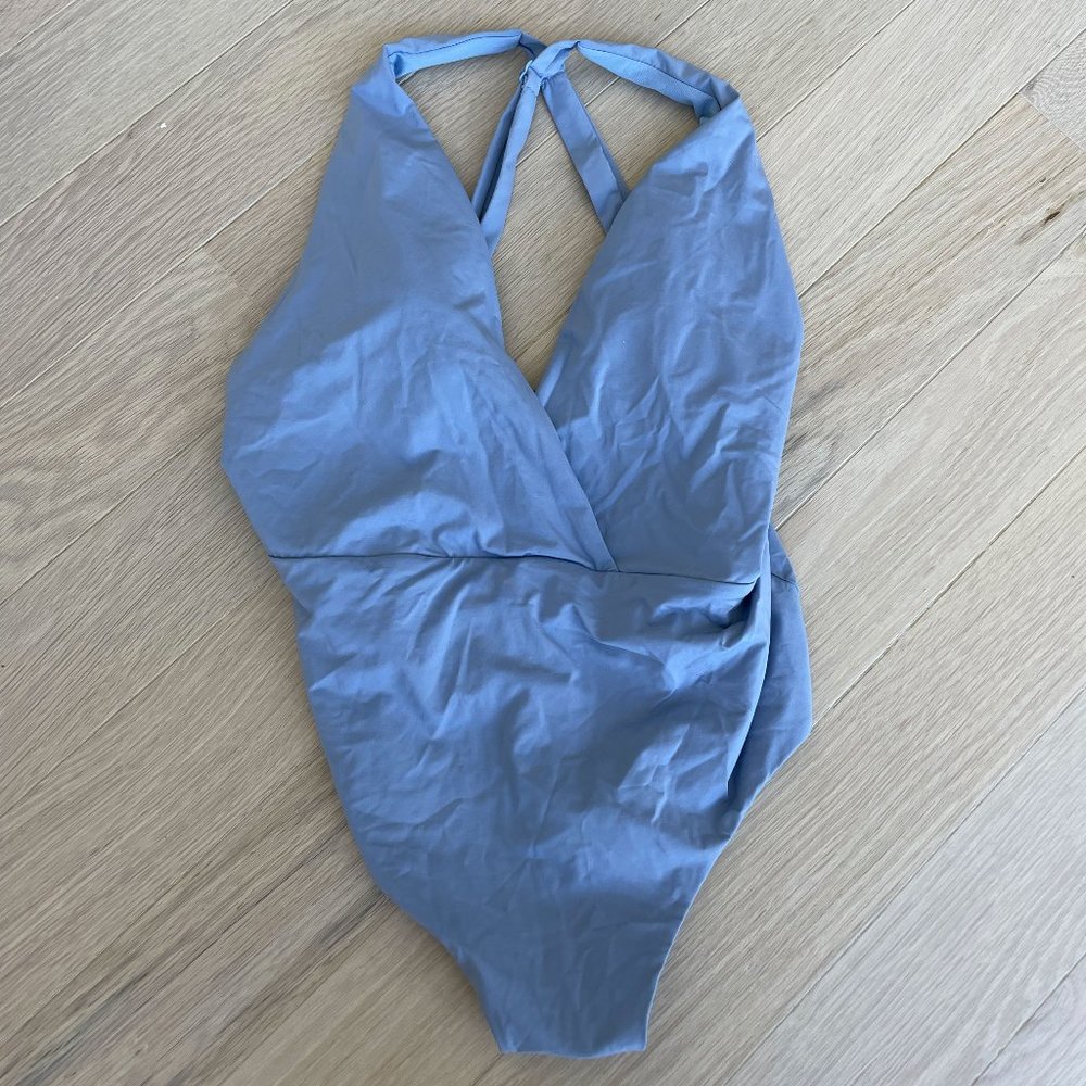 Zara Blue One Piece Swimsuit Bodysuit V-neck Size S
